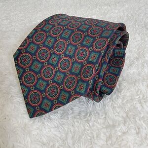 Richel De Luxe Vintage 100% Silk Geometric Medallion Foulard Tie‎ Green EUC 58"